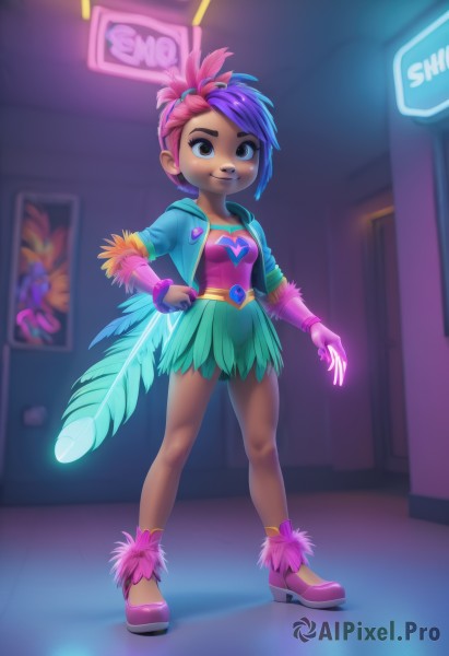 1girl,solo,breasts,looking at viewer,smile,short hair,bangs,skirt,shirt,hair ornament,gloves,long sleeves,jewelry,standing,jacket,full body,pink hair,purple hair,multicolored hair,pleated skirt,small breasts,open clothes,wings,shoes,teeth,artist name,indoors,signature,dark skin,miniskirt,fingerless gloves,blurry,black eyes,high heels,bracelet,two-tone hair,open jacket,dark-skinned female,lips,hand on hip,fur trim,eyelashes,makeup,blurry background,glowing,feathers,green skirt,eyeshadow,personification,single glove,cropped jacket,fur collar,pink shirt,sign,door,pink footwear,pink gloves,poster (object),aqua skirt,neon lights,single fingerless glove,pointy footwear,blue eyes,brown eyes,blue hair,ponytail,heart,parted lips,belt,hood,thick eyebrows,feather hair ornament,feather trim