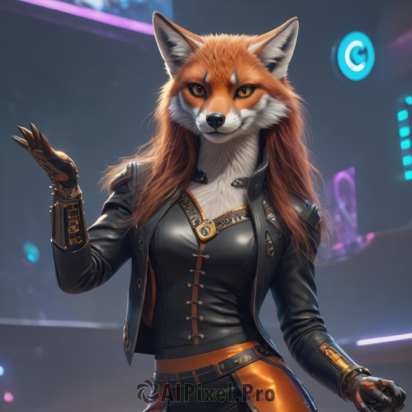 1girl,solo,long hair,breasts,looking at viewer,smile,shirt,gloves,long sleeves,animal ears,jewelry,medium breasts,standing,jacket,cowboy shot,open clothes,black gloves,belt,pants,hand up,necklace,orange hair,blurry,open jacket,black jacket,orange eyes,fox ears,blurry background,fangs,slit pupils,claws,furry,colored sclera,shiny clothes,furry female,black sclera,leather,fox,snout,leather jacket,leather gloves,orange fur,brown hair,closed mouth,animal ear fluff,black shirt,bodysuit,black pants,fox girl,science fiction