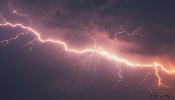 outdoors,sky,cloud,no humans,glowing,cloudy sky,scenery,electricity,lightning,monochrome,pokemon (creature),dark