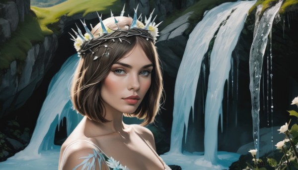 1girl,solo,breasts,looking at viewer,short hair,blue eyes,brown hair,hair ornament,cleavage,bare shoulders,closed mouth,collarbone,upper body,flower,outdoors,hair flower,water,lips,parted bangs,makeup,tiara,crown,plant,white flower,portrait,nature,realistic,nose,red lips,waterfall,bangs,medium breasts,head wreath