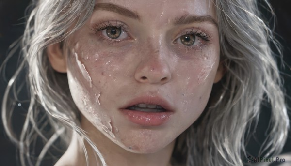 1girl,solo,long hair,looking at viewer,open mouth,simple background,brown eyes,white hair,grey hair,parted lips,teeth,mole,blurry,lips,wet,eyelashes,black background,portrait,close-up,freckles,realistic,nose,mole on cheek,messy hair