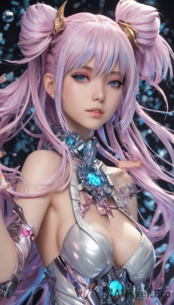 1girl,solo,long hair,breasts,looking at viewer,bangs,blue eyes,hair ornament,cleavage,bare shoulders,jewelry,medium breasts,very long hair,upper body,pink hair,earrings,parted lips,hair bun,blurry,lips,clothing cutout,eyelashes,double bun,makeup,cleavage cutout,gem,armlet,realistic,nose,cone hair bun,twintails,two side up