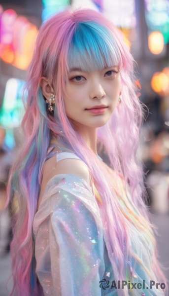 1girl,solo,long hair,looking at viewer,bangs,blue eyes,dress,jewelry,closed mouth,blue hair,upper body,pink hair,multicolored hair,earrings,artist name,blunt bangs,blurry,from side,two-tone hair,lips,depth of field,blurry background,realistic,nose,bare shoulders,signature,black eyes,eyelashes,makeup,watermark,web address,bokeh