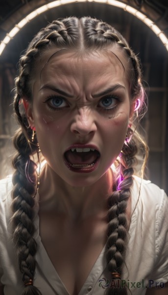 1girl,solo,long hair,breasts,looking at viewer,open mouth,blue eyes,shirt,black hair,dress,cleavage,jewelry,medium breasts,collarbone,white shirt,upper body,braid,short sleeves,earrings,teeth,tongue,artist name,blurry,twin braids,lips,v-shaped eyebrows,grey eyes,eyelashes,makeup,buttons,blurry background,lipstick,gem,portrait,hair over shoulder,angry,close-up,forehead,backlighting,freckles,realistic,nose,red lips,mascara,multiple braids,dark skin,dark-skinned female,watermark