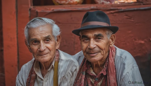 looking at viewer,smile,shirt,hat,closed mouth,white shirt,upper body,white hair,grey hair,male focus,multiple boys,striped,collared shirt,indoors,2boys,scarf,blurry,black headwear,blurry background,facial hair,suspenders,striped shirt,realistic,old,old man,fedora,wrinkled skin,bowler hat,blue eyes,necktie,black eyes,dress shirt,red shirt