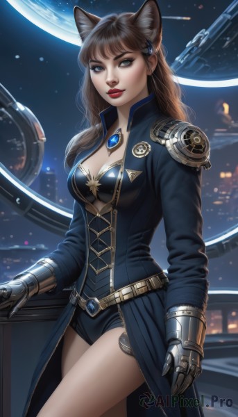 1girl,solo,long hair,breasts,looking at viewer,smile,bangs,blue eyes,brown hair,hair ornament,gloves,animal ears,cleavage,jewelry,medium breasts,closed mouth,standing,cowboy shot,earrings,sky,shorts,belt,cat ears,armor,leotard,lips,coat,makeup,lipstick,brooch,gauntlets,gem,star (sky),eyeshadow,science fiction,nose,red lips,space,planet,earth (planet),long sleeves,artist name,animal ear fluff,fox ears,short shorts,night,extra ears,realistic