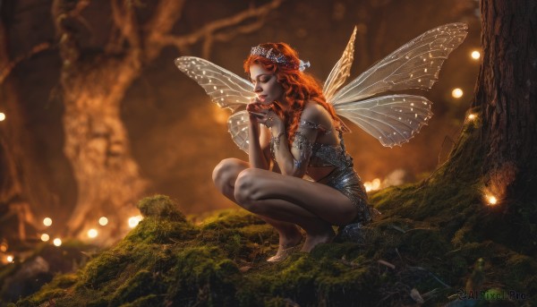 1girl,solo,long hair,breasts,hair ornament,dress,bare shoulders,jewelry,sitting,closed eyes,braid,red hair,outdoors,wings,barefoot,pointy ears,artist name,nail polish,orange hair,blurry,bracelet,tree,lips,depth of field,blurry background,watermark,squatting,own hands together,bug,tiara,nature,armlet,forest,realistic,fantasy,branch,fairy wings,fairy,butterfly wings,blue eyes,makeup,freckles,tiptoes