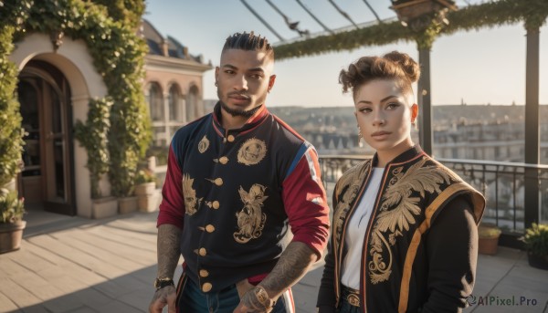 1girl,looking at viewer,smile,short hair,brown hair,shirt,black hair,long sleeves,1boy,brown eyes,jewelry,closed mouth,jacket,white shirt,earrings,outdoors,open clothes,day,pants,dark skin,hair bun,blurry,bracelet,lips,black jacket,double bun,tattoo,blurry background,facial hair,chinese clothes,plant,building,beard,hand in pocket,realistic,hands in pockets,potted plant,arm tattoo,mohawk,alternate costume,belt,looking to the side,single hair bun,dark-skinned male,mustache,undercut