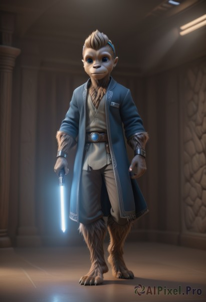 solo,looking at viewer,blue eyes,shirt,1boy,holding,jewelry,standing,full body,weapon,male focus,open clothes,belt,pants,sword,artist name,indoors,holding weapon,blurry,coat,glowing,holding sword,furry,colored sclera,robe,fantasy,furry male,white fur,energy sword,lightsaber,smile,animal ears,barefoot,science fiction,fur,pillar,alien,brown fur,mohawk