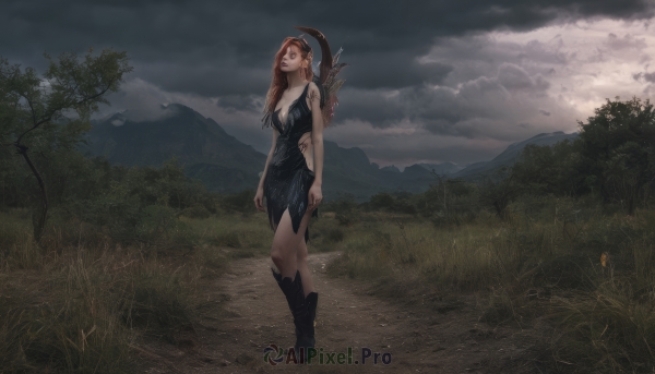 1girl,solo,long hair,breasts,large breasts,brown hair,dress,cleavage,bare shoulders,jewelry,medium breasts,standing,red hair,earrings,boots,outdoors,horns,sky,sleeveless,pointy ears,cloud,black footwear,black dress,tree,tattoo,cloudy sky,grass,nature,scenery,forest,walking,arrow (projectile),arms at sides,road,path,brown eyes,weapon,staff,mountain