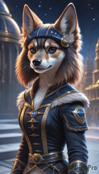 1girl,solo,breasts,looking at viewer,smile,brown hair,long sleeves,animal ears,brown eyes,jewelry,standing,jacket,upper body,outdoors,sky,belt,artist name,signature,blurry,coat,fur trim,night,blurry background,watermark,blue jacket,brooch,gem,star (sky),night sky,furry,blue headwear,starry sky,fur collar,furry female,body fur,white fur,animal nose,blue coat,whiskers,two-tone fur,blue gemstone,medium breasts,teeth,animal ear fluff,depth of field,animal,brown fur