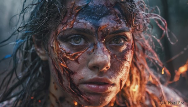 1girl,solo,long hair,looking at viewer,black hair,1boy,brown eyes,closed mouth,male focus,parted lips,blurry,lips,blood,depth of field,blurry background,fire,messy hair,portrait,freckles,blood on face,realistic,nose,embers,burning,ribbon,close-up,dirty