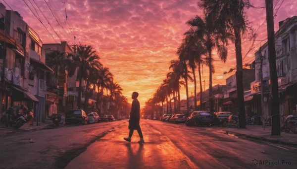 solo, 1boy, outdoors, sky, cloud, tree, dutch angle, cloudy sky, ground vehicle, building, scenery, motor vehicle, walking, sunset, city, palm tree, car, road, power lines, street, crosswalk, vanishing point