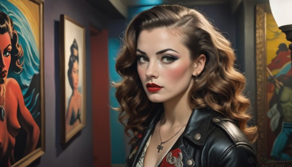 1girl,solo,long hair,breasts,looking at viewer,blush,brown hair,brown eyes,jewelry,medium breasts,jacket,upper body,nude,earrings,parted lips,open clothes,necklace,lips,black jacket,grey eyes,makeup,wavy hair,piercing,cross,lipstick,forehead,freckles,curly hair,red lips,leather,cross necklace,leather jacket,painting (object),black hair,cleavage,colored skin,realistic,eyeliner,poster (object)