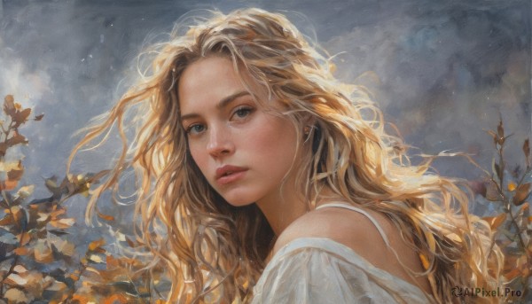 1girl,solo,long hair,looking at viewer,blue eyes,blonde hair,shirt,bare shoulders,jewelry,white shirt,upper body,earrings,outdoors,parted lips,sky,off shoulder,lips,leaf,wavy hair,traditional media,plant,portrait,realistic,nose,day,cloud,from side,cloudy sky,painting (medium)