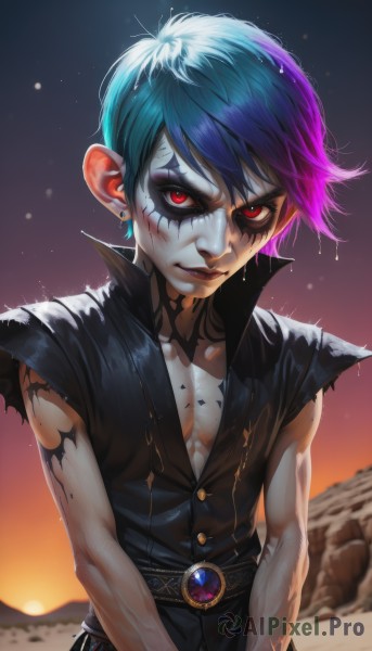 1girl,solo,looking at viewer,short hair,shirt,red eyes,1boy,jewelry,closed mouth,blue hair,collarbone,upper body,pink hair,purple hair,male focus,multicolored hair,earrings,sleeveless,belt,artist name,wet,torn clothes,black shirt,tattoo,gradient hair,makeup,facial mark,gem,sunset,stud earrings,eyeliner,wet hair,torn shirt,mascara,torn sleeves,bangs,outdoors,sky,vest,lips,eyelashes,lipstick,eyeshadow,backlighting,high collar,facepaint,facial tattoo,popped collar,torn jacket