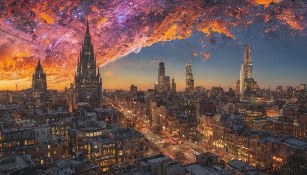 outdoors,sky,cloud,dutch angle,no humans,window,night,moon,building,star (sky),night sky,scenery,starry sky,sunset,city,fantasy,cityscape,skyscraper,rooftop,city lights,cloudy sky,ground vehicle,road,twilight,tower