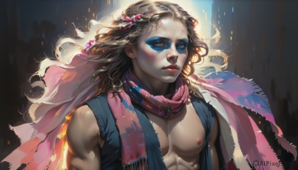 solo,long hair,looking at viewer,blue eyes,blonde hair,brown hair,hair ornament,1boy,closed mouth,nipples,upper body,male focus,artist name,scarf,vest,lips,torn clothes,makeup,muscular,floating hair,abs,pectorals,lipstick,wind,eyeshadow,freckles,realistic,nose,open vest,pink scarf,jewelry,sleeveless,facial mark,curly hair,facepaint,manly,toned male