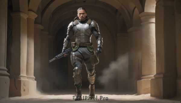 solo,brown hair,gloves,1boy,holding,full body,weapon,male focus,boots,fingerless gloves,holding weapon,armor,gun,facial hair,shoulder armor,holding gun,rifle,beard,smoke,walking,pauldrons,pouch,breastplate,assault rifle,knee pads,pillar,dust,looking at viewer,short hair,closed mouth,standing,white hair,pants,indoors,scar,brown footwear,black pants,gauntlets,scar on face,brown gloves,scar across eye,shotgun