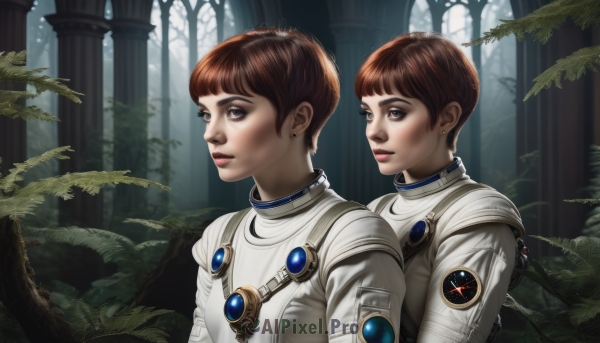 short hair,bangs,brown hair,1boy,brown eyes,jewelry,closed mouth,upper body,male focus,earrings,multiple boys,2boys,tree,lips,siblings,plant,nature,androgynous,dual persona,forest,science fiction,realistic,nose,brothers,pillar,spacesuit,column,multiple girls,2girls,signature,leaf,emblem