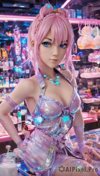 1girl,solo,breasts,looking at viewer,smile,short hair,bangs,blue eyes,hair ornament,dress,cleavage,bare shoulders,jewelry,medium breasts,sitting,pink hair,braid,parted lips,fingerless gloves,necklace,bracelet,lips,hand on hip,short dress,bottle,armlet,stool,bar (place),hair between eyes,closed mouth,shorts,sleeveless,shiny,indoors,armpits,apron,shiny skin,watermark,ring,armband,nose,neon lights