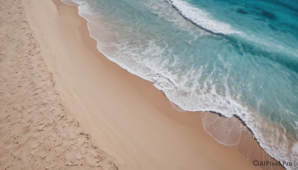 solo,outdoors,day,water,no humans,ocean,beach,scenery,close-up,realistic,sand,waves,shore,from above,footprints