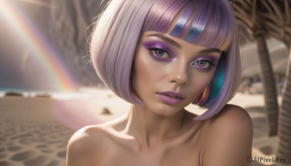 1girl,solo,looking at viewer,short hair,bangs,bare shoulders,jewelry,blue hair,purple eyes,collarbone,upper body,purple hair,nude,multicolored hair,earrings,outdoors,parted lips,day,blunt bangs,blurry,two-tone hair,dark-skinned female,tree,lips,streaked hair,eyelashes,makeup,blurry background,beach,bob cut,lipstick,portrait,eyeshadow,sand,palm tree,eyeliner,purple lips,mascara,rainbow hair,teeth,shiny,artist name,dark skin,watermark,sunlight,thick eyebrows,close-up,lens flare,personification,light rays,realistic,nose,rainbow,purple eyeshadow