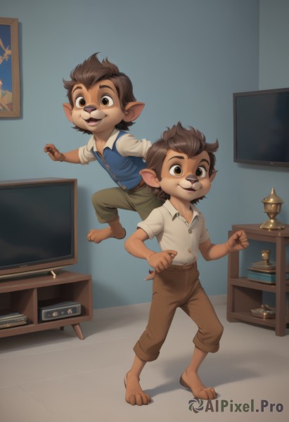 smile,short hair,open mouth,brown hair,shirt,animal ears,brown eyes,standing,full body,white shirt,short sleeves,male focus,multiple boys,barefoot,pointy ears,collared shirt,pants,indoors,2boys,vest,blue shirt,child,furry,furry male,male child,brown pants,television,looking at viewer,long sleeves,:d,teeth,belt,book,buttons,upper teeth only,watermark,extra ears,clenched hands,running,blue vest,coin,brown shorts,buck teeth