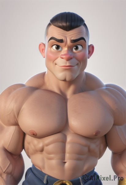 solo,looking at viewer,blush,smile,short hair,simple background,black hair,1boy,navel,brown eyes,closed mouth,nipples,upper body,male focus,belt,pants,grey background,stomach,muscular,facial hair,abs,thick eyebrows,pectorals,muscular male,bara,large pectorals,veins,topless male,sideburns,mature male,blue pants,manly,chest hair,veiny arms,realistic,undercut