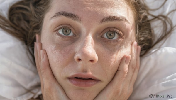 1girl,solo,long hair,looking at viewer,brown hair,brown eyes,lying,parted lips,teeth,on back,blurry,lips,fingernails,pillow,eyelashes,portrait,close-up,freckles,realistic,nose,hands on own face,hands on own cheeks,eye focus,blonde hair