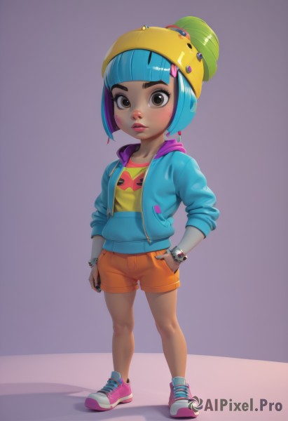 1girl,solo,looking at viewer,short hair,bangs,simple background,shirt,long sleeves,hat,brown eyes,jewelry,blue hair,standing,collarbone,jacket,full body,purple hair,multicolored hair,parted lips,green hair,open clothes,shoes,shorts,dark skin,hood,blunt bangs,nail polish,black eyes,flat chest,bracelet,two-tone hair,open jacket,dark-skinned female,lips,short shorts,eyelashes,hoodie,makeup,blush stickers,ring,thick eyebrows,hood down,lipstick,blue jacket,sneakers,child,hooded jacket,sleeves rolled up,purple background,watch,hand in pocket,yellow shirt,pink lips,nose,pink footwear,beanie,drawstring,female child,wristwatch,spiked bracelet,blue hoodie,open hoodie,yellow headwear,sleeves pushed up,sleeves past elbows,humanization,hair ornament,hairclip,hair bun,orange shorts