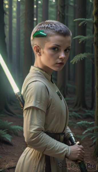 1girl,solo,looking at viewer,short hair,blue eyes,hair ornament,long sleeves,1boy,holding,jewelry,closed mouth,weapon,grey hair,male focus,earrings,outdoors,belt,sword,signature,holding weapon,from side,tree,lips,leaf,holding sword,sheath,nature,forest,science fiction,robe,realistic,fantasy,very short hair,leaf hair ornament,energy sword,tunic,lightsaber,standing,upper body,hairclip,male child,mohawk