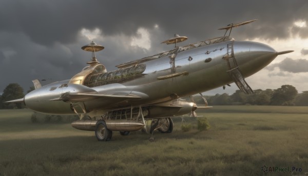 outdoors,multiple boys,sky,day,artist name,cloud,signature,tree,military,no humans,cloudy sky,grass,nature,scenery,flying,realistic,aircraft,military vehicle,airplane,vehicle focus,field,jet,fighter jet