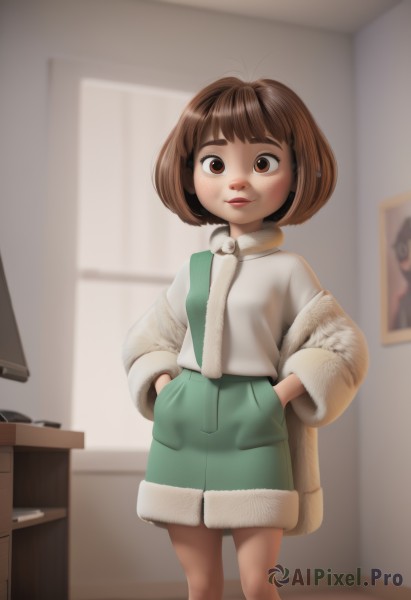 1girl,solo,looking at viewer,smile,short hair,bangs,skirt,brown hair,shirt,long sleeves,brown eyes,closed mouth,standing,white shirt,indoors,blurry,sweater,lips,coat,fur trim,blurry background,feet out of frame,bob cut,thick eyebrows,green skirt,child,freckles,hands in pockets,female child,jacket,shorts,realistic