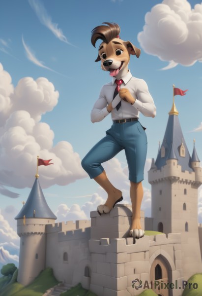 solo,open mouth,brown hair,shirt,long sleeves,1boy,animal ears,brown eyes,standing,tail,full body,white shirt,male focus,outdoors,necktie,sky,barefoot,teeth,day,tongue,collared shirt,belt,pants,artist name,cloud,hand up,signature,tongue out,black eyes,tree,blue sky,hands up,watermark,leg up,happy,standing on one leg,cloudy sky,own hands together,grass,wing collar,building,dog ears,black necktie,claws,furry,pocket,animal hands,black belt,hair tie,furry female,blue pants,shirt tucked in,flag,bush,furry male,body fur,house,white fur,topknot,castle,tower,snout,brown fur,two-tone fur,church,animal feet,looking at viewer,smile,collar,no humans,red necktie,dog,dog tail,brick