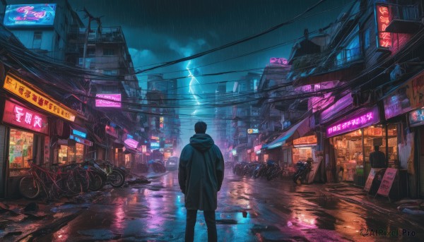 solo, black hair, 1boy, standing, male focus, outdoors, sky, cloud, hood, bag, from behind, dutch angle, night, ground vehicle, building, scenery, motor vehicle, rain, city, sign, road, dark, motorcycle, power lines, street, bicycle, lightning, cyberpunk, neon lights