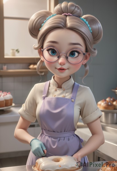 1girl,solo,looking at viewer,blush,smile,short hair,blue eyes,blonde hair,shirt,hair ornament,gloves,holding,jewelry,closed mouth,standing,white shirt,upper body,short sleeves,earrings,parted lips,food,glasses,artist name,indoors,fingerless gloves,hair bun,blurry,apron,lips,eyelashes,double bun,makeup,buttons,fruit,depth of field,blurry background,single hair bun,scrunchie,lipstick,hair scrunchie,single glove,freckles,cake,black-framed eyewear,round eyewear,blue gloves,red lips,stud earrings,bread,kitchen,blue scrunchie,blue apron,oven mitts,breasts,brown hair,window,forehead,pink lips