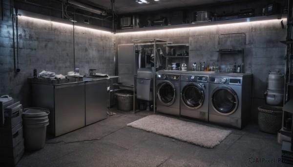 indoors,no humans,window,bottle,towel,scenery,tiles,bucket,shelf,tile wall,kitchen,frying pan,trash can,sink,faucet,cabinet,stove,washing machine,wall,tile floor,industrial pipe,laundry,drum (container)