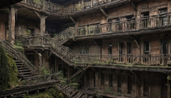 outdoors,artist name,signature,dated,tree,no humans,window,plant,building,scenery,stairs,railing,architecture,ruins,bridge,arch,moss,overgrown,door