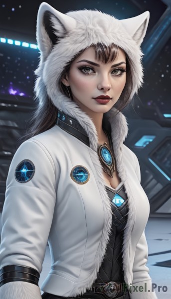 1girl,solo,long hair,breasts,looking at viewer,brown hair,black hair,long sleeves,animal ears,cleavage,brown eyes,jewelry,medium breasts,closed mouth,jacket,upper body,open clothes,belt,hood,lips,coat,grey eyes,fur trim,eyelashes,makeup,white jacket,lipstick,brooch,gem,buckle,pendant,eyeshadow,freckles,belt buckle,animal hood,realistic,nose,white coat,winter clothes,red lips,parka,bangs,shirt,small breasts,hood up,emblem,badge