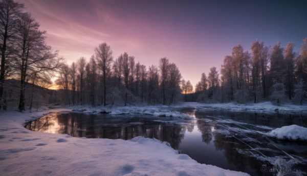 outdoors,sky,cloud,water,tree,no humans,night,star (sky),nature,night sky,scenery,snow,forest,starry sky,reflection,sunset,mountain,winter,bare tree,river,lake,gradient sky,pine tree,landscape,reflective water