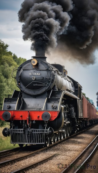 outdoors,sky,day,cloud,tree,military,no humans,ground vehicle,motor vehicle,smoke,military vehicle,tank,vehicle focus,train,caterpillar tracks,world war ii,railroad tracks,blue sky,nature,science fiction,cannon,damaged,machine gun,train station