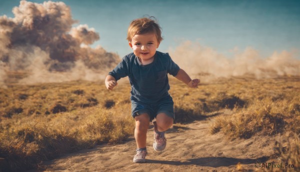 solo,looking at viewer,smile,short hair,open mouth,brown hair,shirt,1boy,brown eyes,full body,male focus,outdoors,sky,shoes,shorts,day,cloud,blurry,blue sky,shadow,white footwear,blue shirt,sneakers,child,clenched hands,walking,blue shorts,running,realistic,male child,field,blue eyes,teeth,black shirt