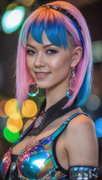 1girl,solo,breasts,looking at viewer,smile,short hair,bangs,cleavage,bare shoulders,jewelry,medium breasts,blue hair,upper body,pink hair,multicolored hair,hairband,earrings,parted lips,teeth,sleeveless,elbow gloves,medium hair,grin,blurry,black eyes,two-tone hair,lips,grey eyes,eyelashes,gradient hair,makeup,detached collar,depth of field,blurry background,watermark,gem,eyeshadow,realistic,nose,bokeh,mascara,blue eyes,gloves,swimsuit,bikini,signature,from side,looking to the side,multicolored clothes,zipper,rainbow hair