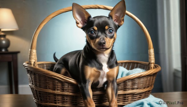 HQ,solo,looking at viewer,blue eyes,indoors,blurry,black eyes,no humans,bed,depth of field,blurry background,animal,table,cat,wooden floor,realistic,basket,lamp,animal focus,mouse,brown eyes,closed mouth,pillow,chair,dog