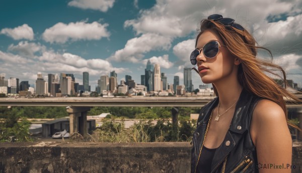 1girl,solo,long hair,breasts,blonde hair,brown hair,cleavage,jewelry,jacket,upper body,outdoors,sky,sleeveless,day,cloud,necklace,vest,lips,sunglasses,cloudy sky,building,scenery,eyewear on head,zipper,city,realistic,cityscape,leather,bridge,aviator sunglasses,bare shoulders,wind,freckles