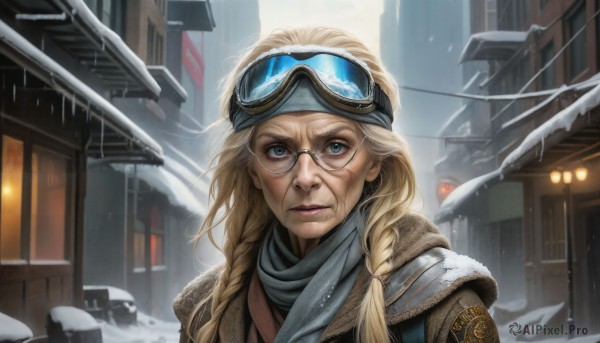 HQ,1girl,solo,long hair,looking at viewer,blue eyes,blonde hair,closed mouth,upper body,braid,outdoors,scarf,twin braids,lips,scar,goggles,ground vehicle,building,hair over shoulder,motor vehicle,snow,freckles,goggles on head,snowing,realistic,nose,winter clothes,house,winter,old woman,glasses,single braid,messy hair,portrait,scar on face,hair tie,round eyewear,old,wrinkled skin