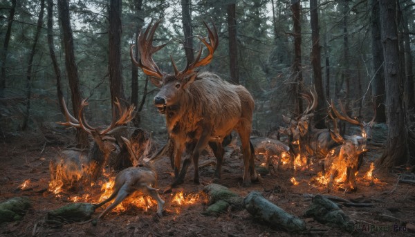 holding,weapon,outdoors,sword,holding weapon,armor,tree,no humans,animal,helmet,fire,polearm,nature,scenery,forest,spear,bow (weapon),rock,fantasy,riding,antlers,horse,deer,campfire,sunlight,log