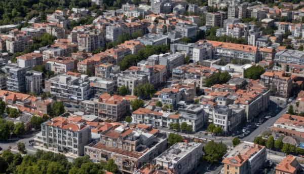 outdoors,tree,no humans,from above,building,scenery,city,road,cityscape,river,rooftop,day,water,ground vehicle,nature,motor vehicle,forest,car,watercraft,bridge,real world location