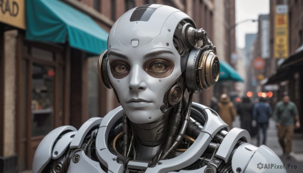 1girl,looking at viewer,brown eyes,closed mouth,upper body,outdoors,multiple boys,solo focus,blurry,lips,depth of field,blurry background,headphones,sunglasses,helmet,robot,building,portrait,science fiction,city,sign,realistic,android,cable,cyborg,street,cyberpunk,humanoid robot,solo,colored skin,close-up,road,bald,tinted eyewear